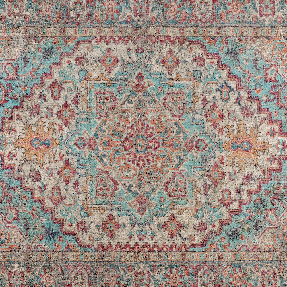 Distressed Vintage Medallion Area Rug - 8' x 10' - Blue Multi Polyester