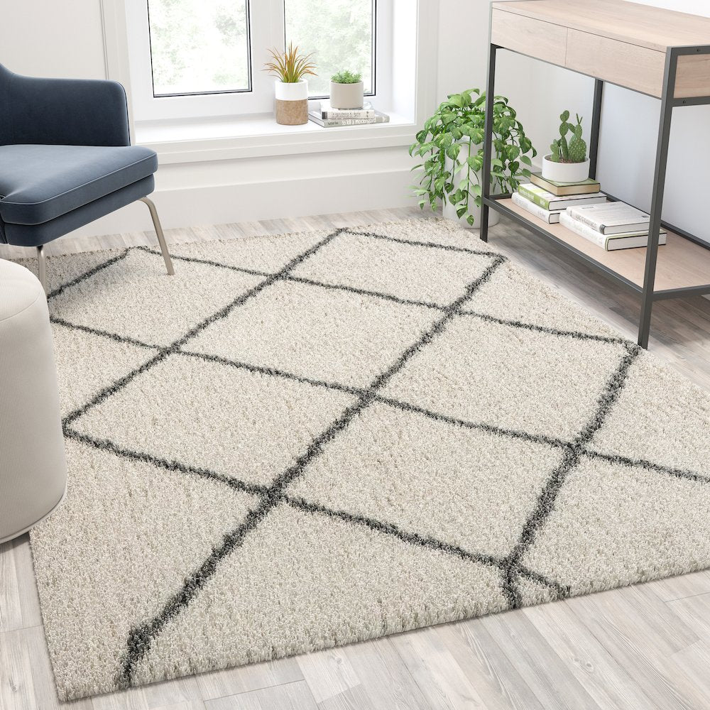 Shag Style Diamond Trellis Area Rug - 5' x 7' - Ivory/Gray Polyester (PET)