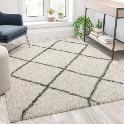 Shag Style Diamond Trellis Area Rug - 5' x 7' - Ivory/Gray Polyester (PET)