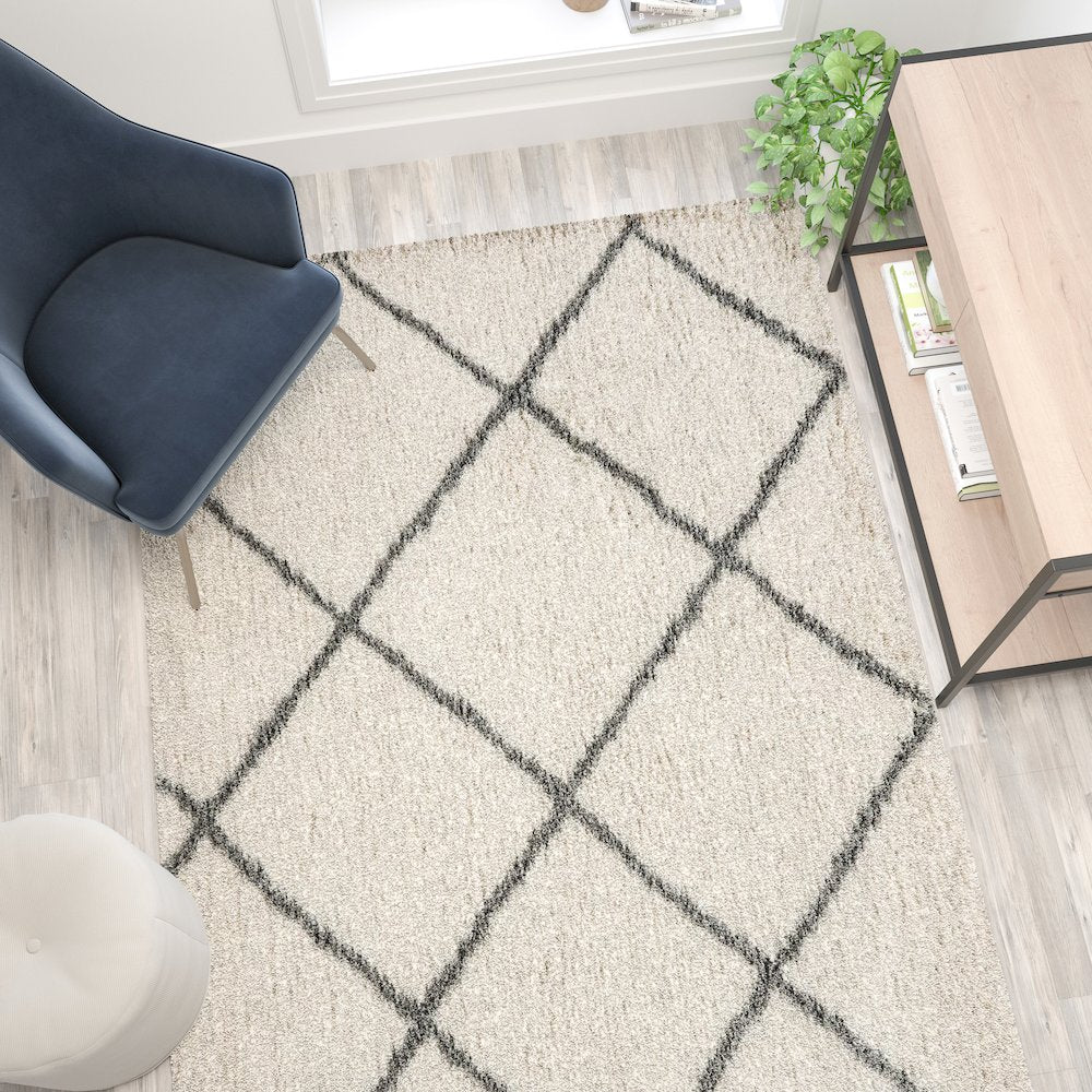 Shag Style Diamond Trellis Area Rug - 5' x 7' - Ivory/Gray Polyester (PET)