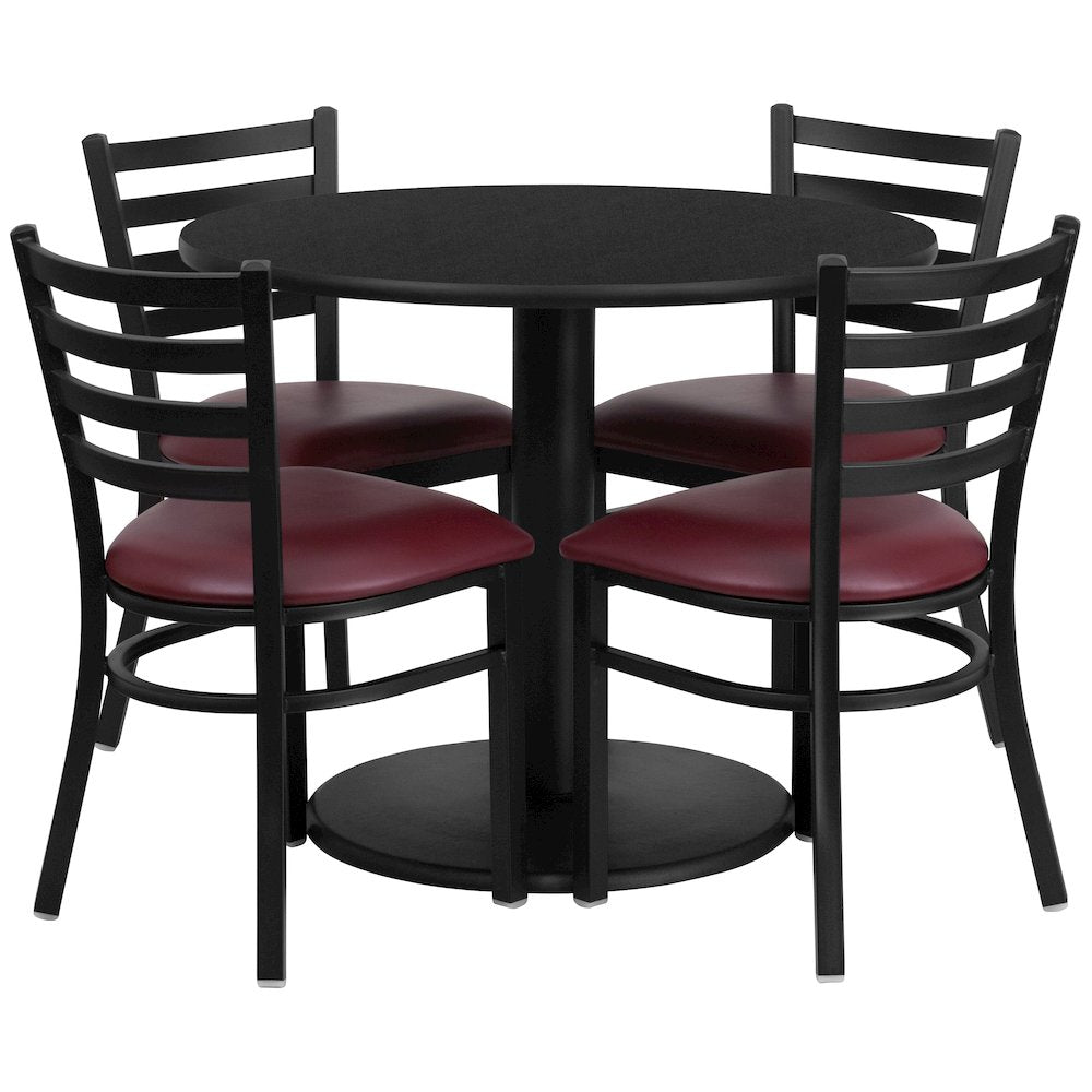 36'' Black Table Set with Base and 4 Metal Chairs - Burgundy Vinyl Seat