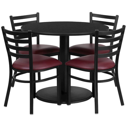 36'' Black Table Set with Base and 4 Metal Chairs - Burgundy Vinyl Seat