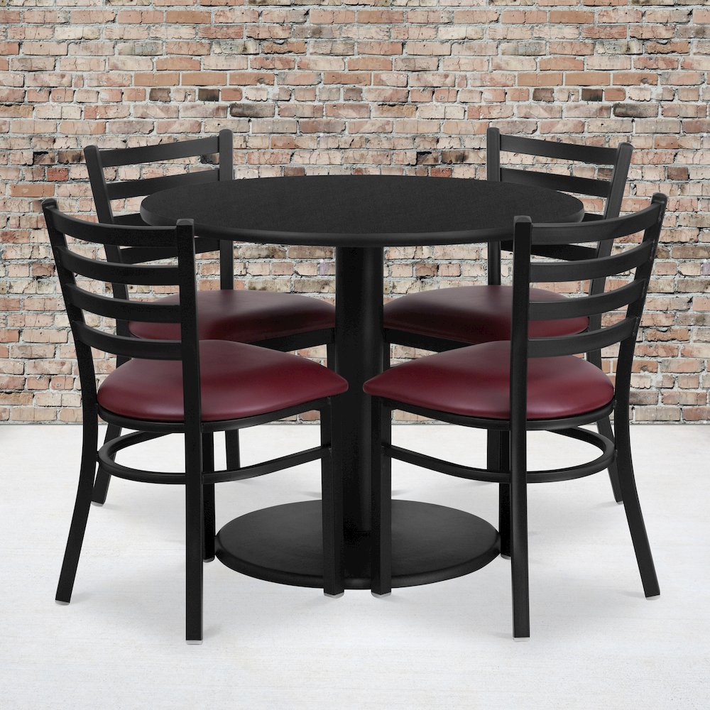 36'' Black Table Set with Base and 4 Metal Chairs - Burgundy Vinyl Seat