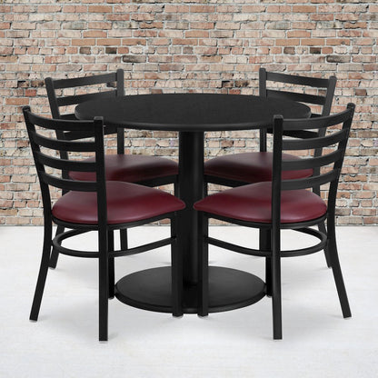 36'' Black Table Set with Base and 4 Metal Chairs - Burgundy Vinyl Seat
