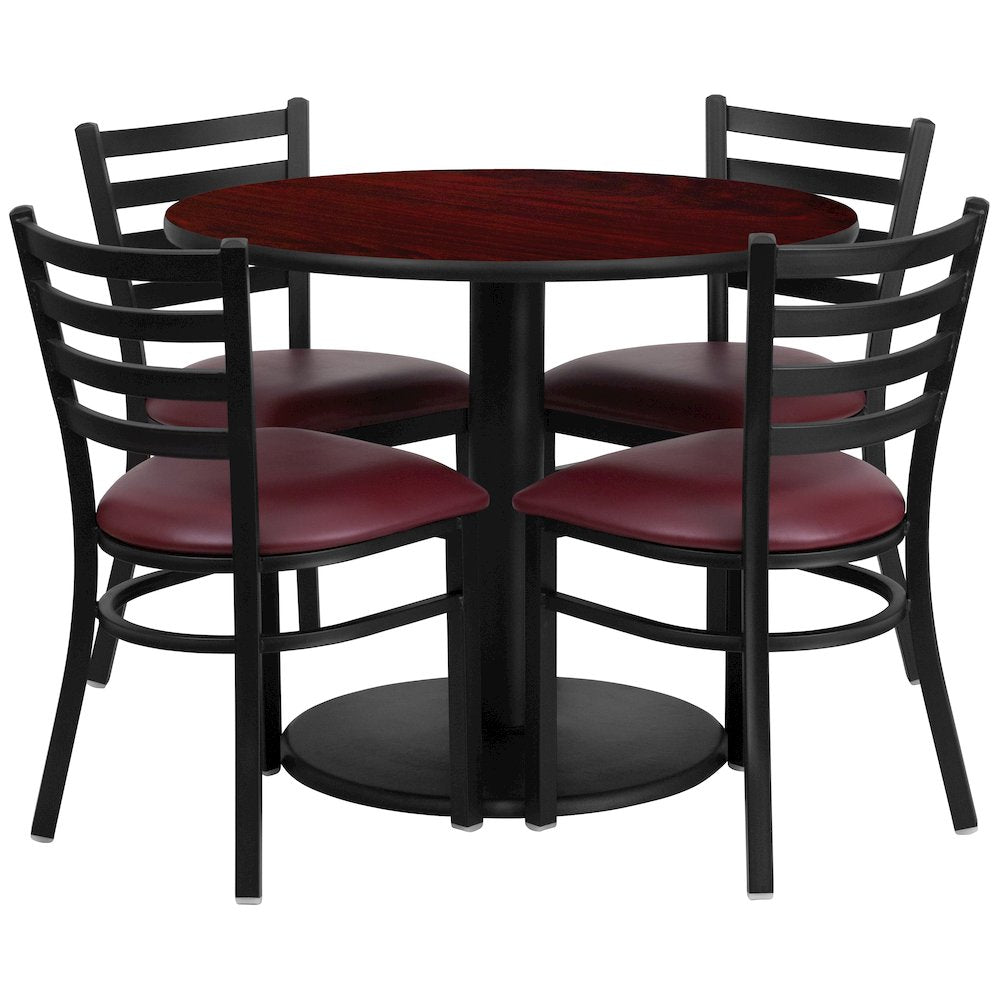 36'' Mahogany Table Set with Base and 4 Metal Chairs - Burgundy Vinyl Seat