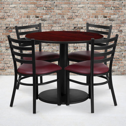 36'' Mahogany Table Set with Base and 4 Metal Chairs - Burgundy Vinyl Seat