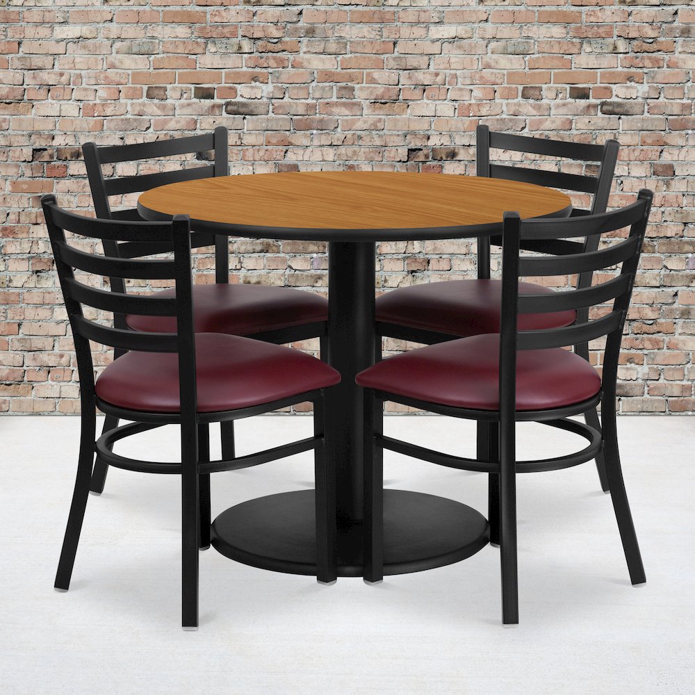 36'' Natural Table Set with Base and 4 Metal Chairs - Burgundy Vinyl Seat