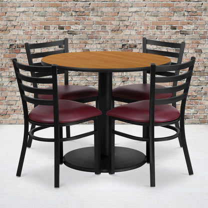 36'' Natural Table Set with Base and 4 Metal Chairs - Burgundy Vinyl Seat