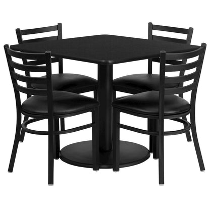 36'' Black Table Set with Base and 4 Ladder Back Metal Chairs - Black Vinyl Seat