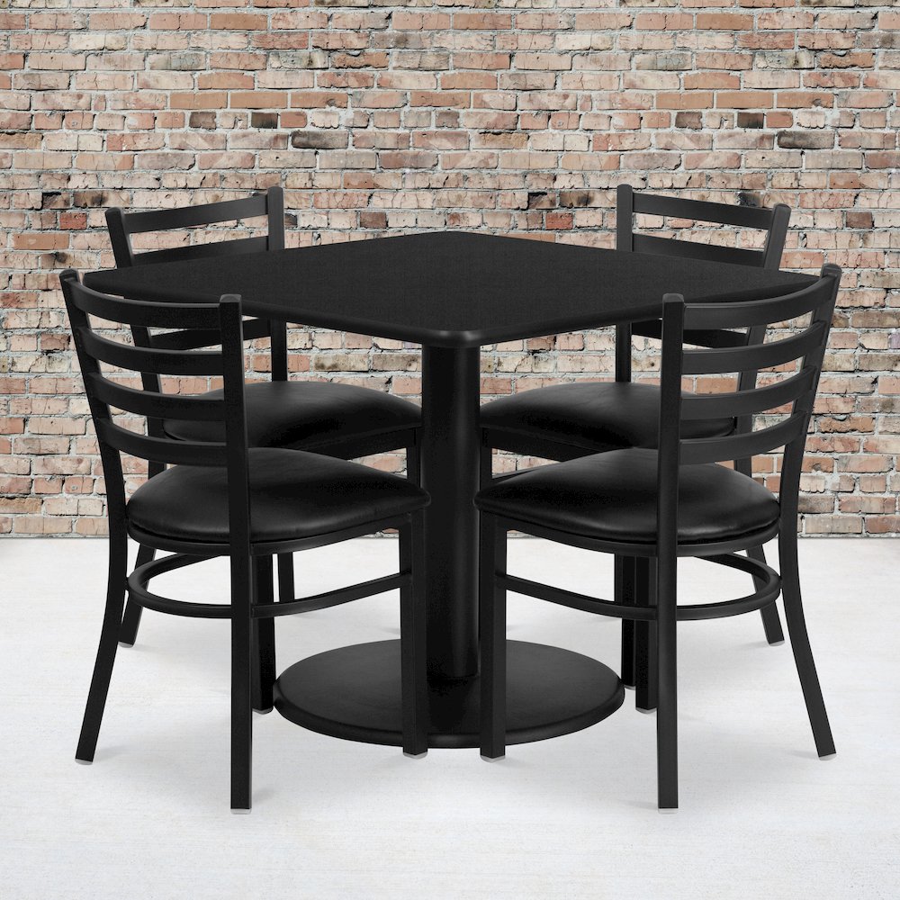 36'' Black Table Set with Base and 4 Ladder Back Metal Chairs - Black Vinyl Seat