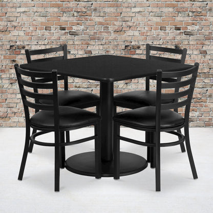 36'' Black Table Set with Base and 4 Ladder Back Metal Chairs - Black Vinyl Seat