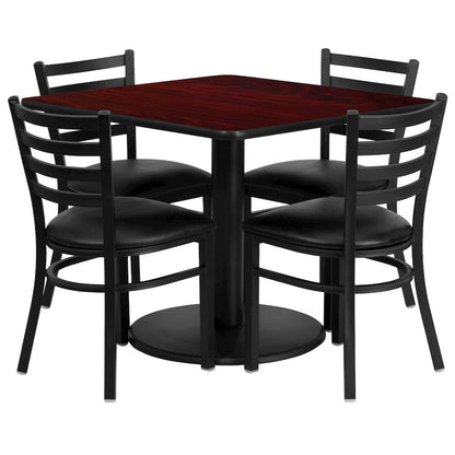 36'' Mahogany Table Set with Base and 4 Metal Chairs - Black Vinyl Seat