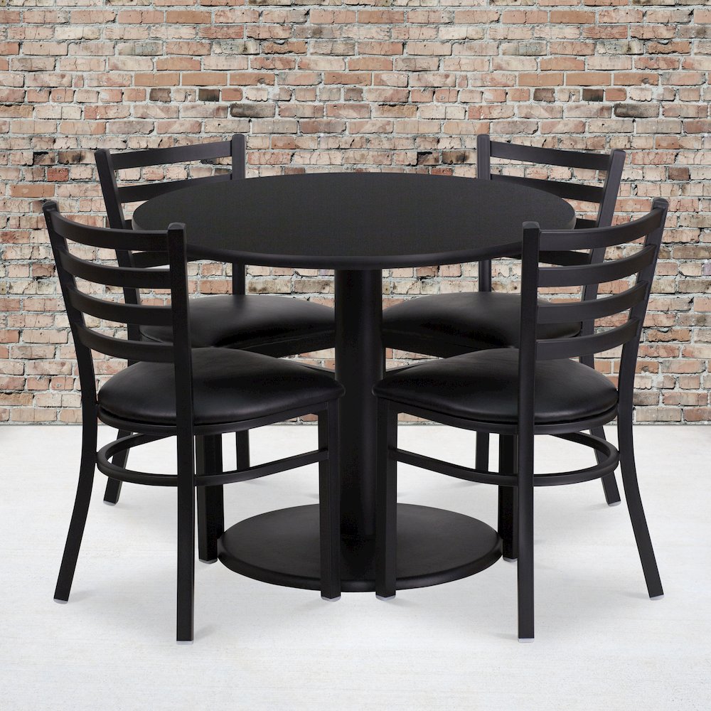 36'' Round Black Laminate Table Set with Round Base and 4 Ladder Back Metal Chairs - Black Vinyl Seat