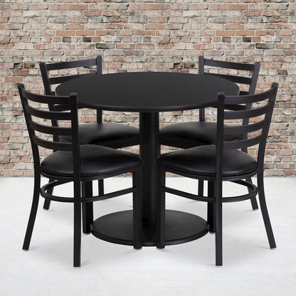 36'' Round Black Laminate Table Set with Round Base and 4 Ladder Back Metal Chairs - Black Vinyl Seat