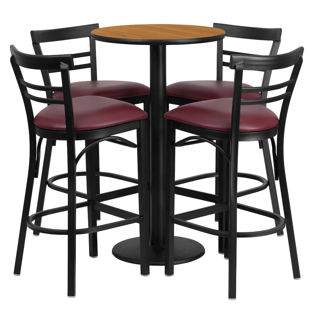 24'' Natural Table Set with 4 Two-Slat Metal Barstools - Burgundy Vinyl Seat