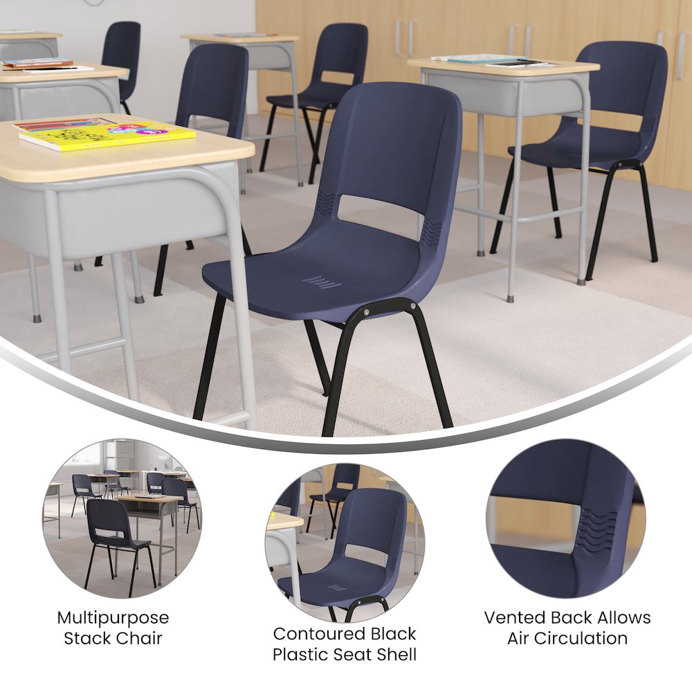 661 lb. Capacity Navy Shell Stack Chair with Black Frame and 16'' Seat Height