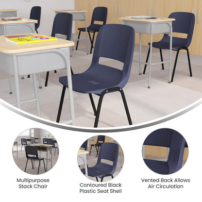 661 lb. Capacity Navy Shell Stack Chair with Black Frame and 16'' Seat Height