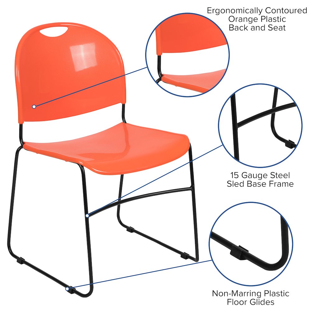 880 lb. Capacity Orange Ultra-Compact Stack Chair with Black Powder Coated Frame