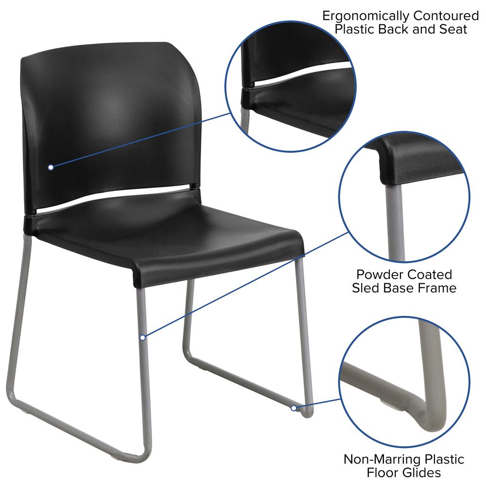 880 lb. Capacity Black Full Back Contoured Stack Chair with Gray Powder Coated Sled Base