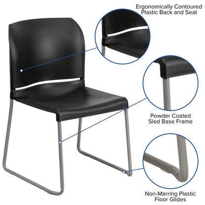 880 lb. Capacity Black Full Back Contoured Stack Chair with Gray Powder Coated Sled Base