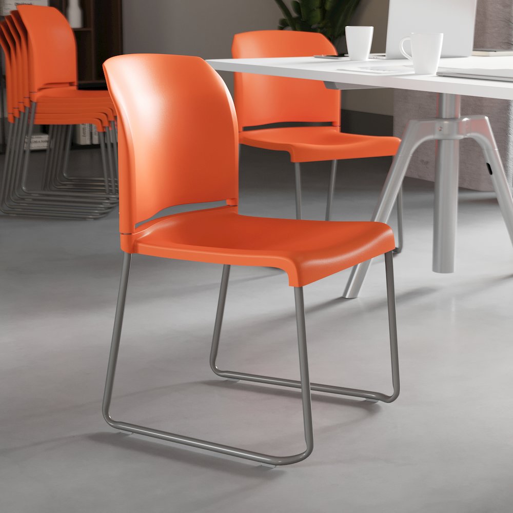 Orange Full Back Contoured Stack Chair with Gray Powder Coated Sled Base