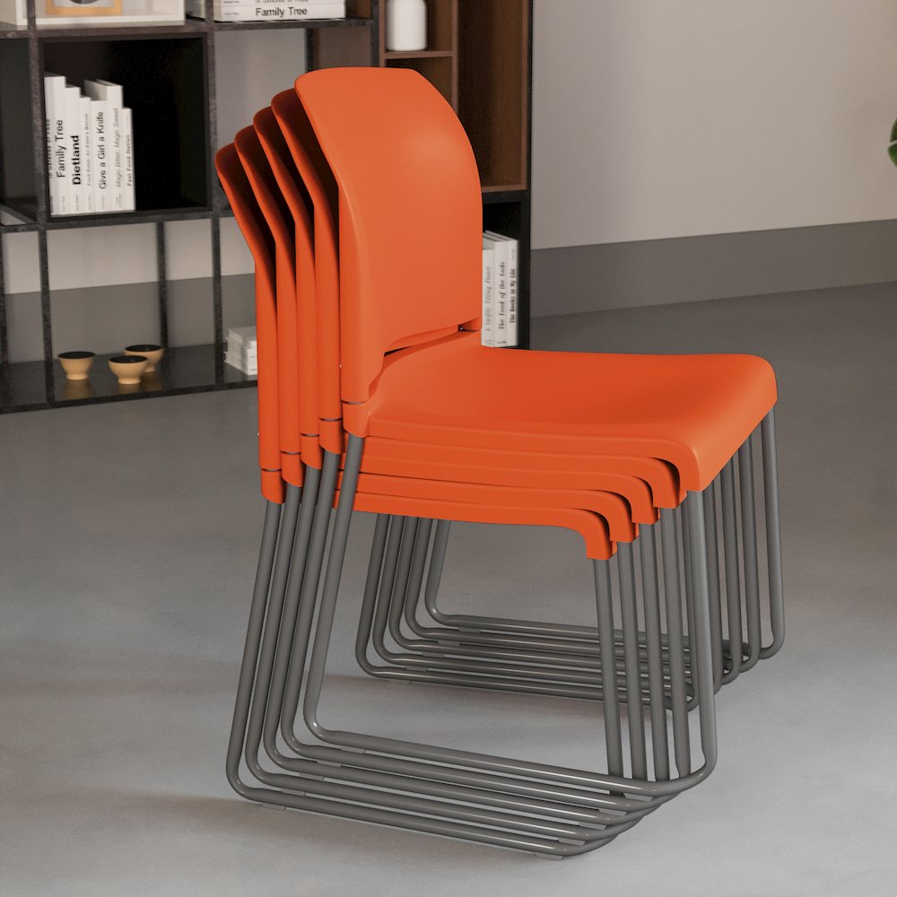 Orange Full Back Contoured Stack Chair with Gray Powder Coated Sled Base