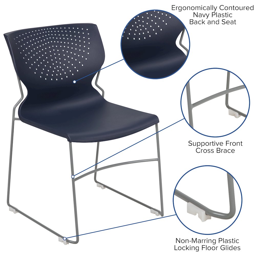 661 lb. Capacity Navy Full Back Stack Chair with Gray Powder Coated Frame