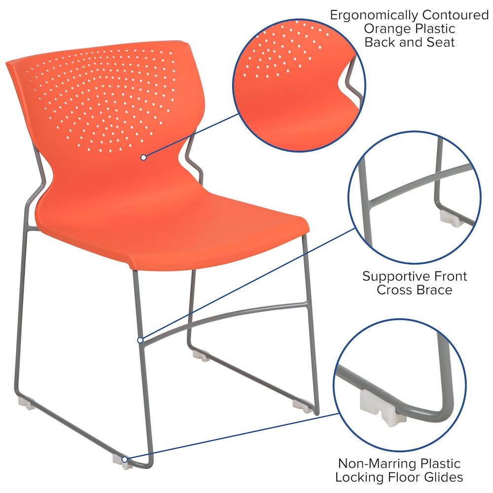 661 lb. Capacity Orange Full Back Stack Chair with Gray Powder Coated Frame