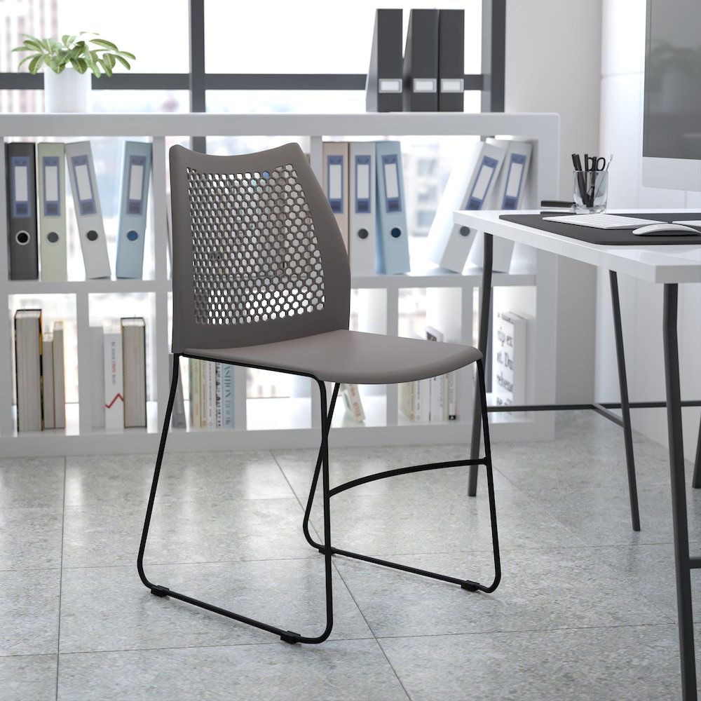 Gray Stack Chair with Air-Vent Back and Black Powder Coated Sled Base