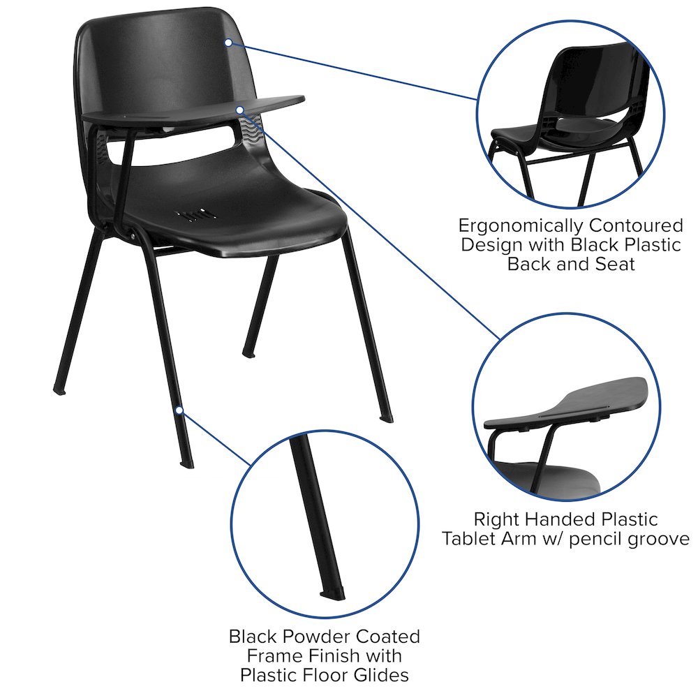 Black Ergonomic Shell Chair with Right Handed Flip-Up Tablet Arm