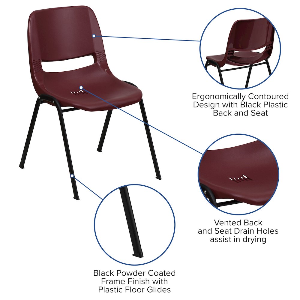 880 lb. Capacity Burgundy Ergonomic Shell Stack Chair with Black Frame