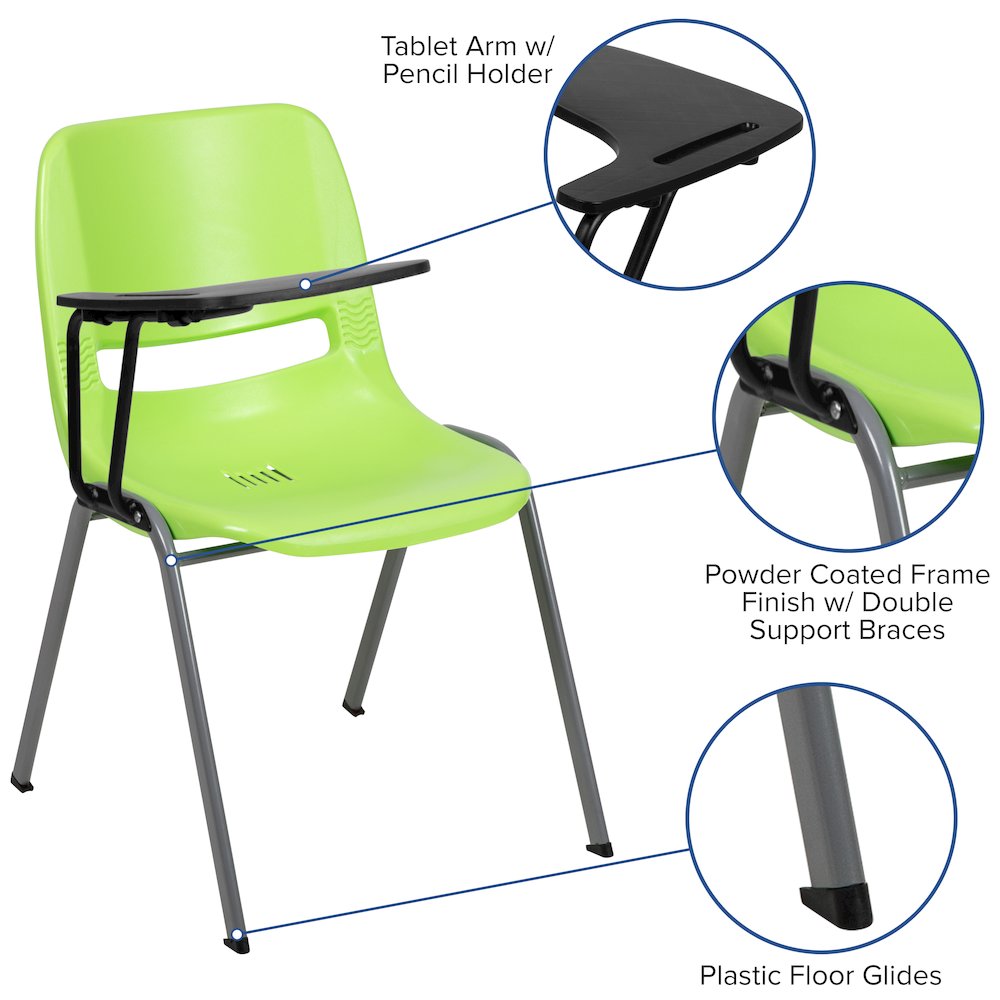 Green Ergonomic Shell Chair with Right Handed Flip-Up Tablet Arm