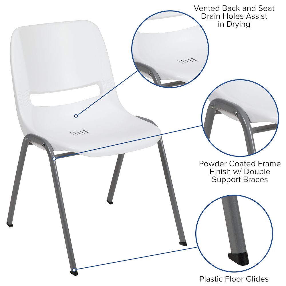 880 lb. Capacity White Ergonomic Shell Stack Chair with Gray Frame