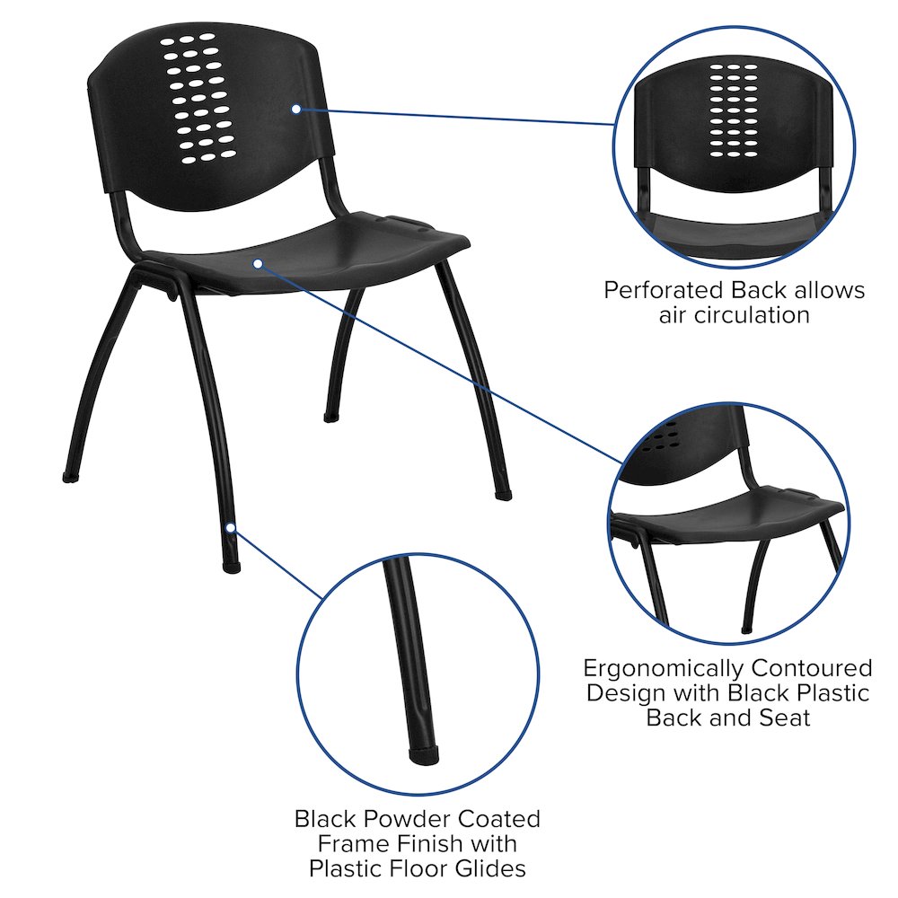 880 lb. Capacity Black Plastic Stack Chair with Oval Cutout Back and Black Frame