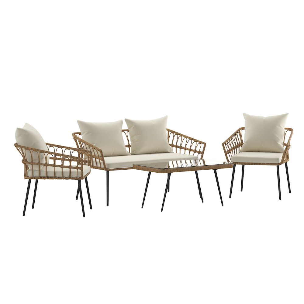 4 Piece Rope Patio Conversation Set with Coffee Table and Cushions, Natural
