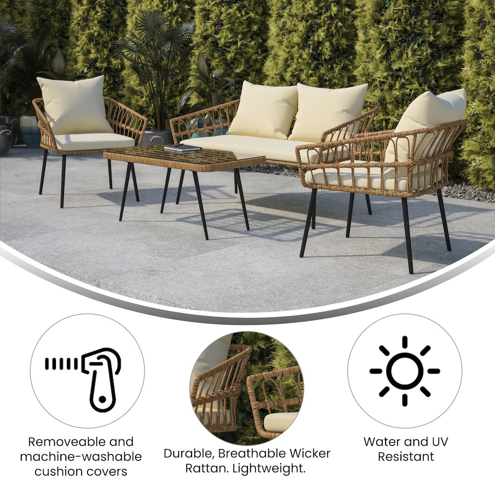 4 Piece Rope Patio Conversation Set with Coffee Table and Cushions, Natural