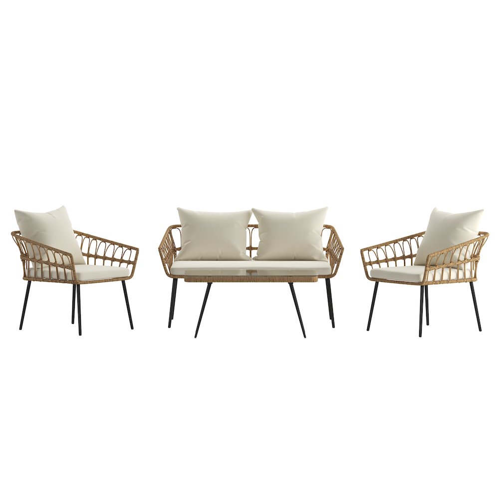 4 Piece Rope Patio Conversation Set with Coffee Table and Cushions, Natural
