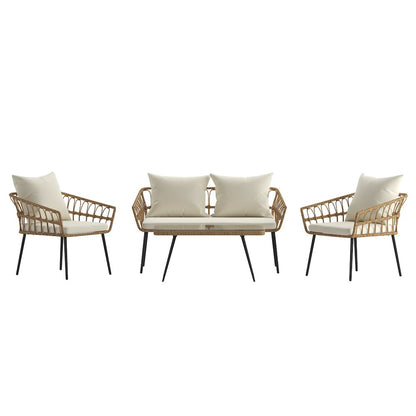4 Piece Rope Patio Conversation Set with Coffee Table and Cushions, Natural