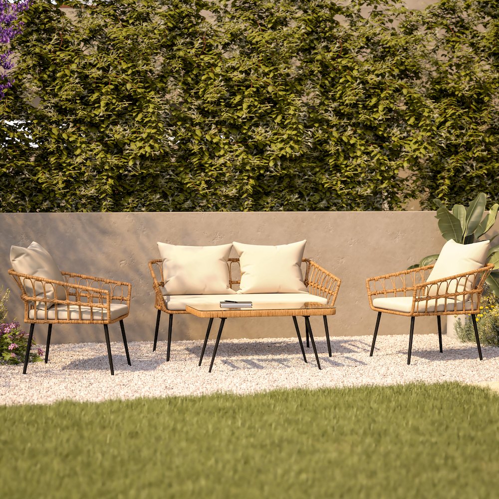 4 Piece Rope Patio Conversation Set with Coffee Table and Cushions, Natural