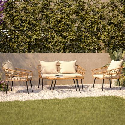 4 Piece Rope Patio Conversation Set with Coffee Table and Cushions, Natural