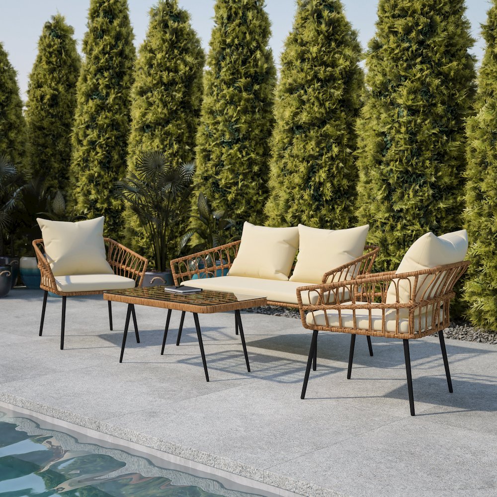 4 Piece Rope Patio Conversation Set with Coffee Table and Cushions, Natural