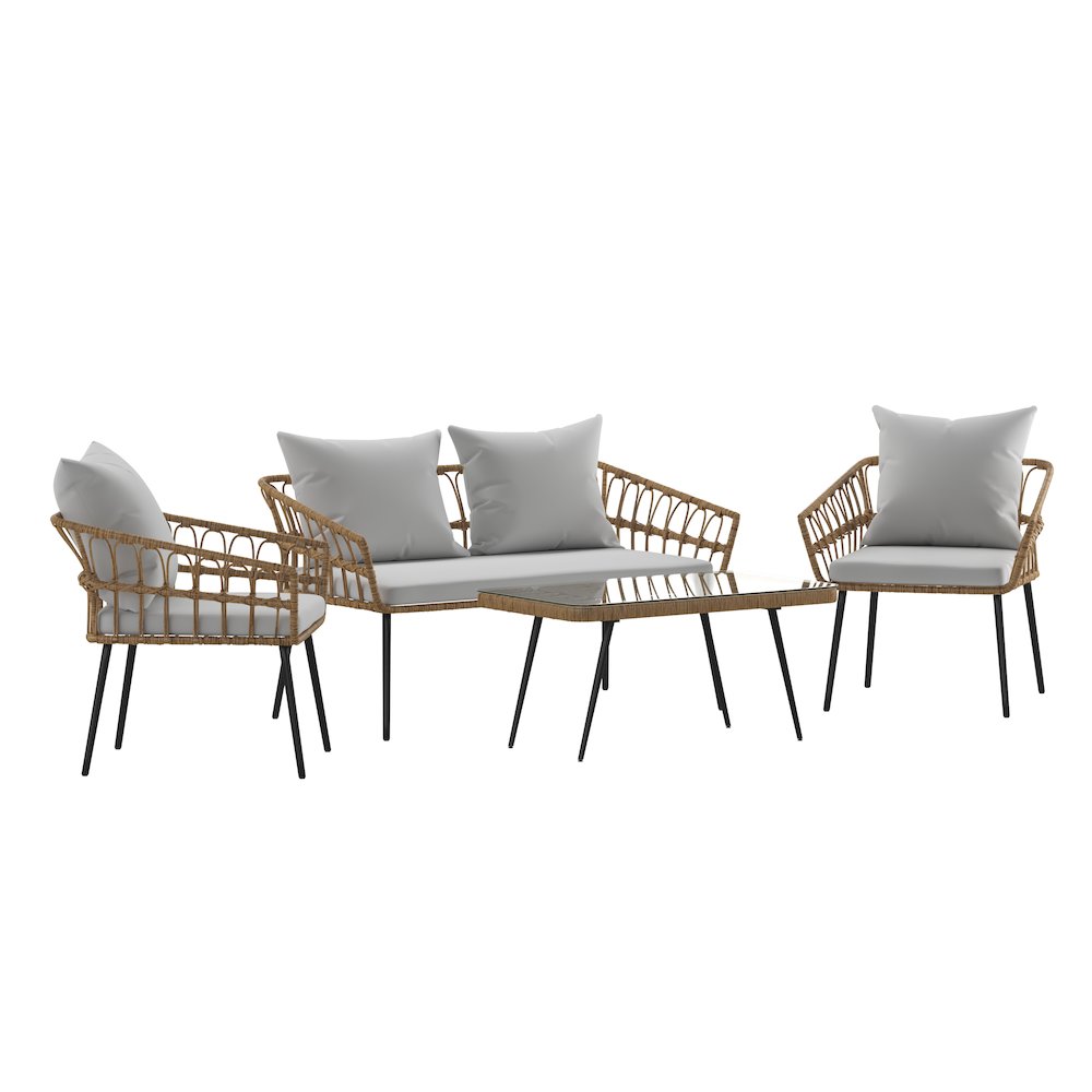4 Piece Rope Patio Conversation Set with Coffee Table and Gray Cushions, Natural
