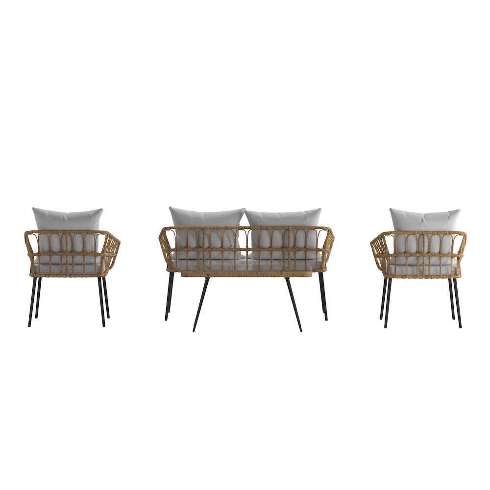 4 Piece Rope Patio Conversation Set with Coffee Table and Gray Cushions, Natural