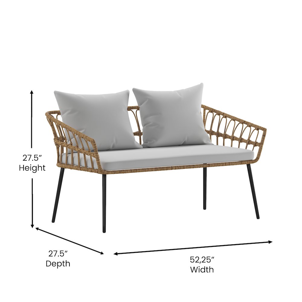 4 Piece Rope Patio Conversation Set with Coffee Table and Gray Cushions, Natural