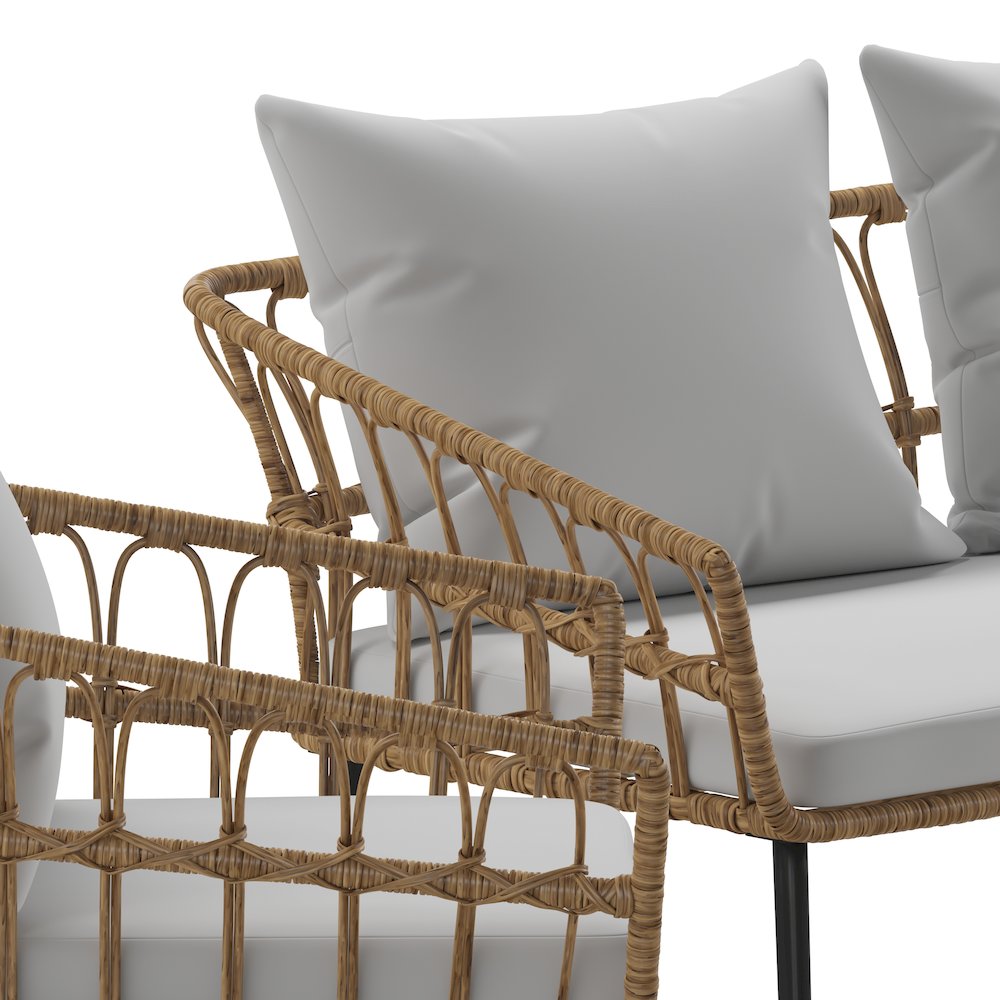 4 Piece Rope Patio Conversation Set with Coffee Table and Gray Cushions, Natural
