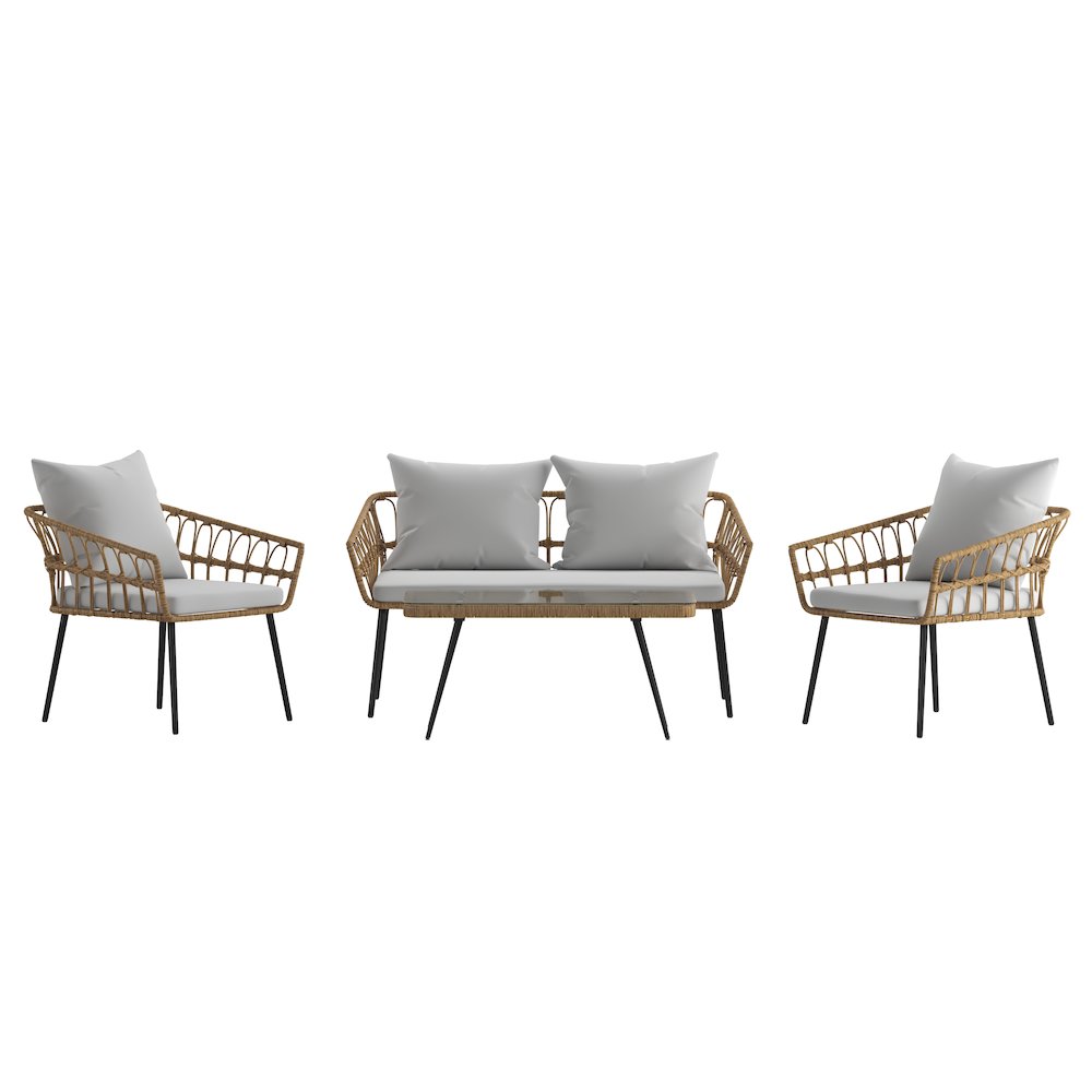 4 Piece Rope Patio Conversation Set with Coffee Table and Gray Cushions, Natural