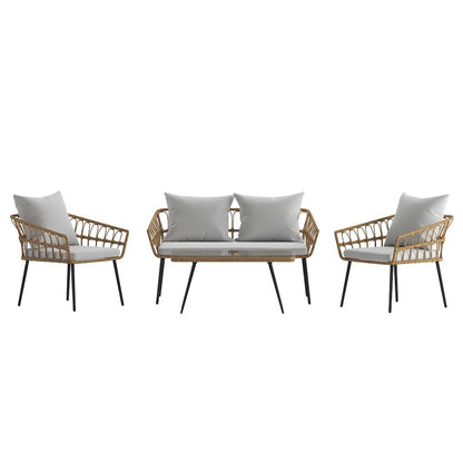 4 Piece Rope Patio Conversation Set with Coffee Table and Gray Cushions, Natural