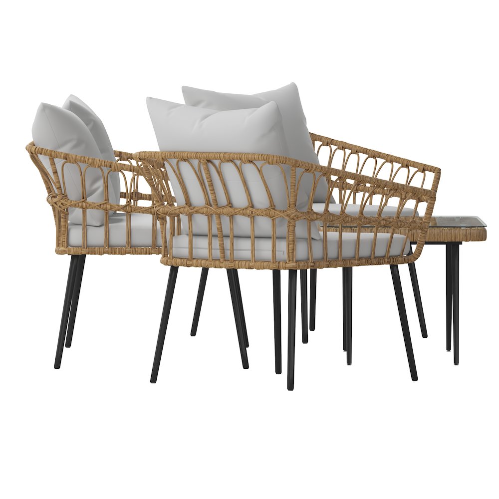 4 Piece Rope Patio Conversation Set with Coffee Table and Gray Cushions, Natural