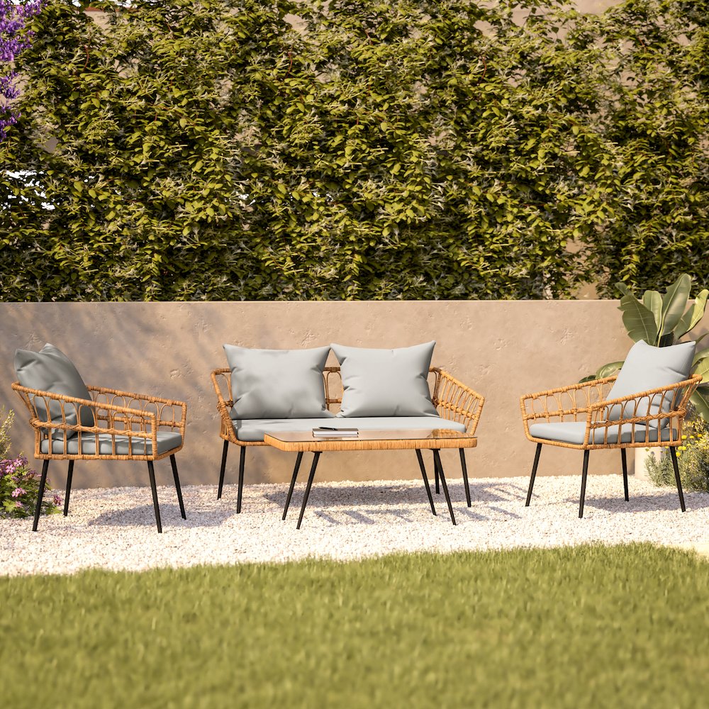4 Piece Rope Patio Conversation Set with Coffee Table and Gray Cushions, Natural