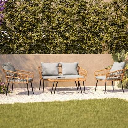 4 Piece Rope Patio Conversation Set with Coffee Table and Gray Cushions, Natural